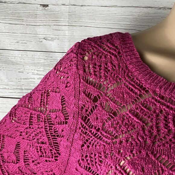 LC Lauren Conrad Sweater Medium Bright Pink Crochet Lace Front Tie Back Knit Top - Picture 3 of 12